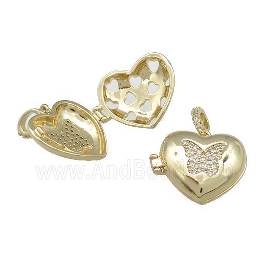 Copper Heart Locket Pendant Pave Zircon Butterfly Gold Plated