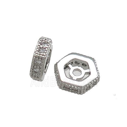 Copper Hexagon Beads Pave Zircon Platinum Plated