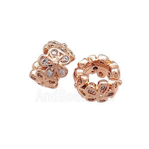 Copper Rondelle Beads Pave Zircon Flower Large Hole Rose Gold