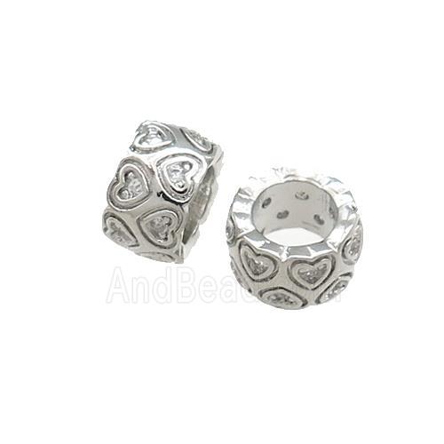 Copper Rondelle Beads Pave Zircon Heart Large Hole Platinum Plated