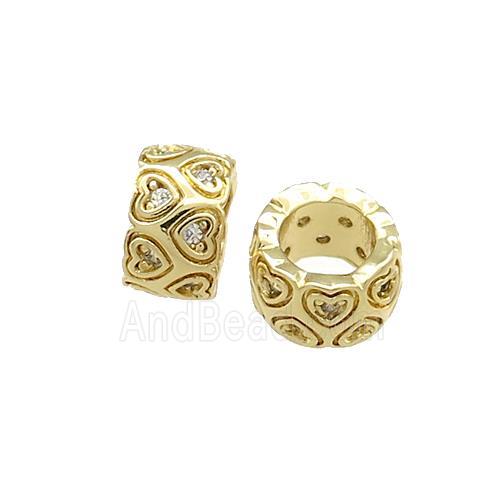 Copper Rondelle Beads Pave Zircon Heart Large Hole Gold Plated