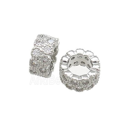 Copper Rondelle Beads Pave Zircon Large Hole Platinum Plated