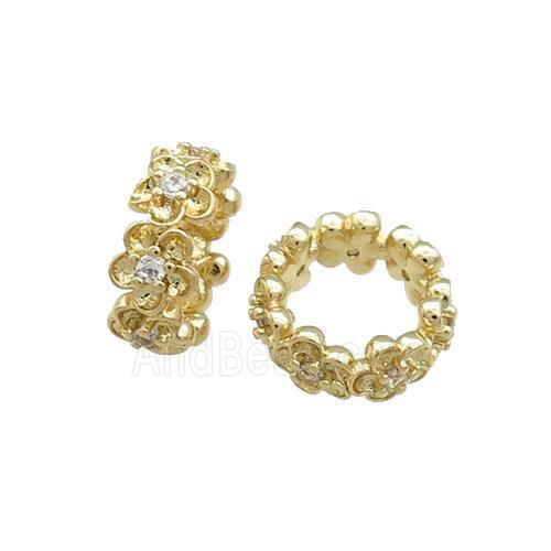 Copper Rondelle Beads Pave Zircon Flower Large Hole Gold Plated