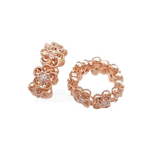 Copper Rondelle Beads Pave Zircon Flower Large Hole Rose Gold