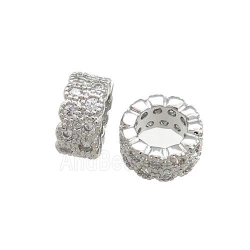 Copper Rondelle Beads Pave Zircon Large Hole Platinum Plated