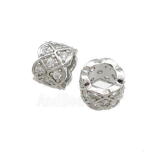 Copper Tube Beads Pave Zircon Large Hole Platinum Plated