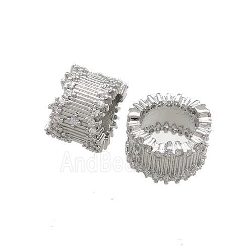 Copper Tube Beads Pave Zircon Large Hole Platinum Plated