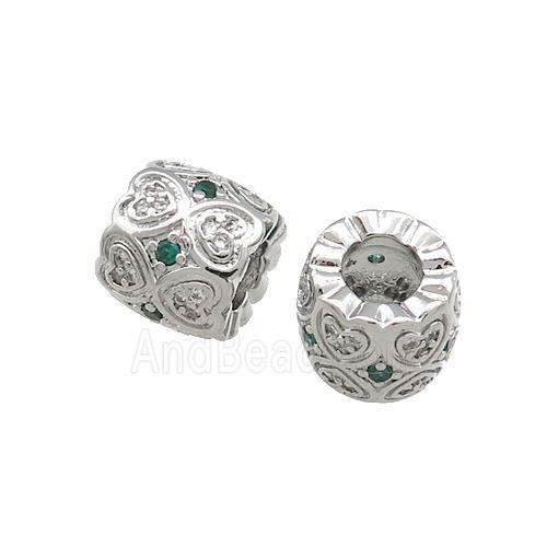 Copper Tube Beads Pave Zircon Heart Large Hole Platinum Plated