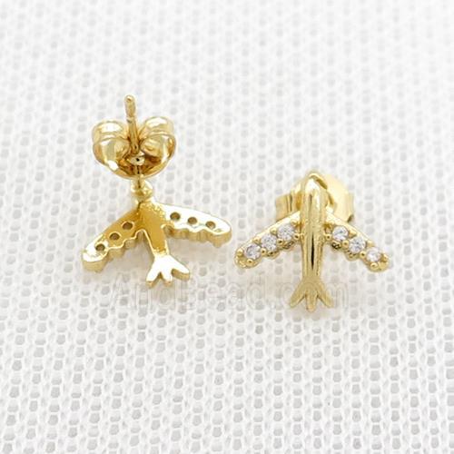 Copper Stud Earrings Pave Zircon Airplane Gold Plated