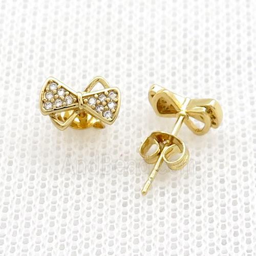 Copper Stud Earrings Pave Zircon Bowknot Gold Plated