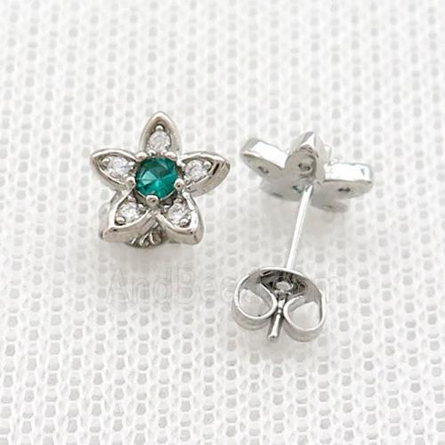 Copper Stud Earrings Pave Zircon Flower Platinum Plated