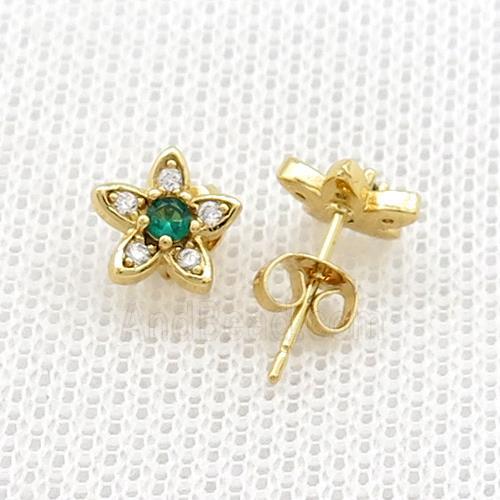 Copper Stud Earrings Pave Zircon Flower Gold Plated