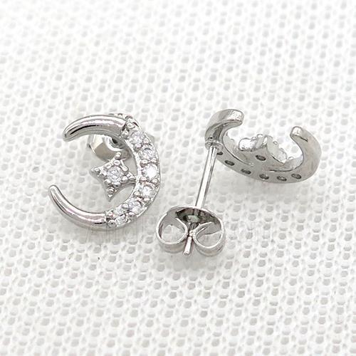 Copper Stud Earrings Pave Zircon Moon Star Platinum Plated