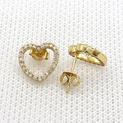 Copper Stud Earrings Pave Zircon Heart Gold Plated