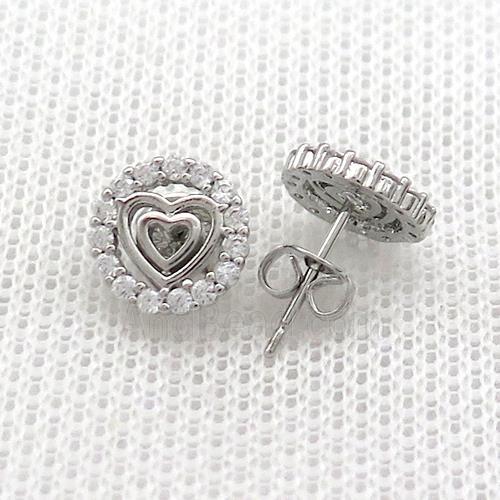 Copper Stud Earrings Pave Zircon Heart Circle Platinum Plated