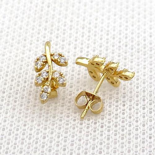 Copper Stud Earrings Pave Zircon Leaf Gold Plated