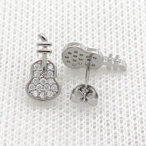 Copper Stud Earrings Pave Zircon Guitar Platinum Plated