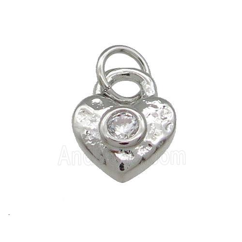 Copper Heart Pendant Pave Zircon Hammered Platinum Plated