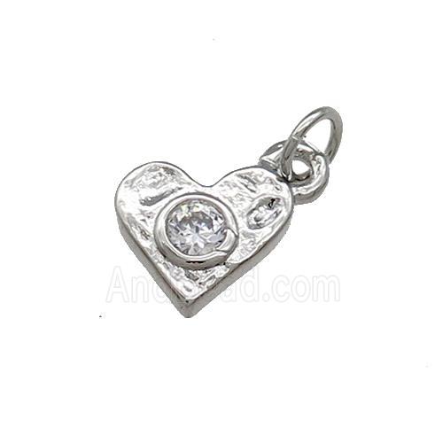 Copper Heart Pendant Pave Zircon Hammered Platinum Plated