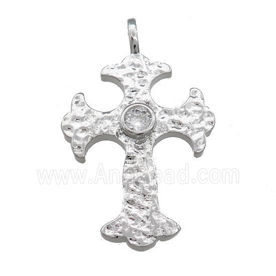 Copper Cross Pendant Pave Zircon Hammered Platinum Plated