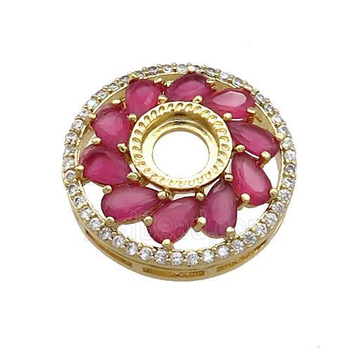 Copper Flower Pendant Pave Red Crystal Glass Zircon With Pad Circle Gold Plated