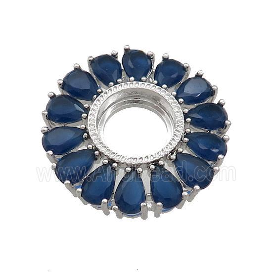 Copper Flower Pendant Pave Blue Crystal Glass Zircon With Pad Circle Platinum Plated