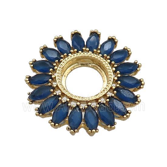 Copper Flower Pendant Pave Blue Crystal Glass Zircon With Pad Circle Gold Plated