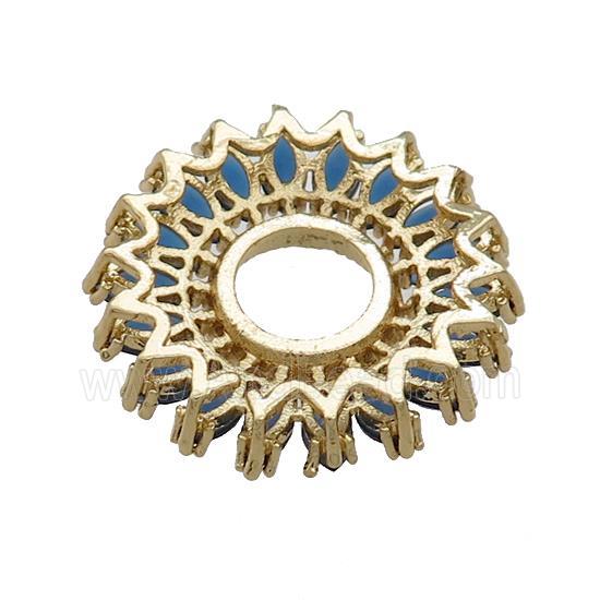 Copper Flower Pendant Pave Blue Crystal Glass Zircon With Pad Circle Gold Plated