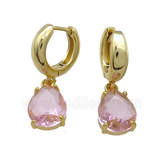 Copper Hoop Earrings Pave Pink Crystal Glass Teardrop Gold Plated
