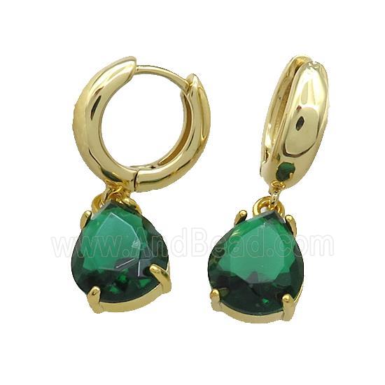 Copper Hoop Earrings Pave Green Crystal Glass Teardrop Gold Plated