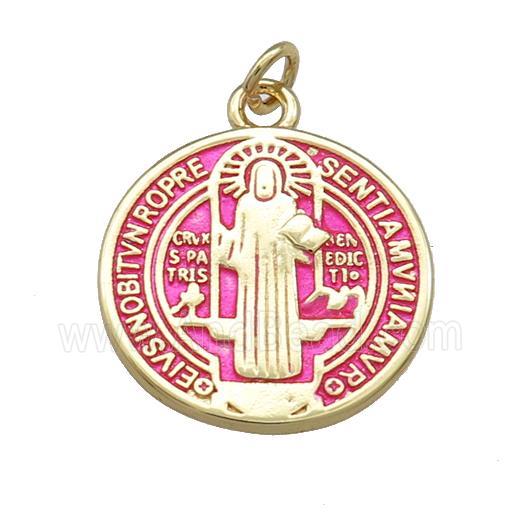 Copper Jesus Pendant Religious Medal Charms Pink Painted Circle Gold Plated