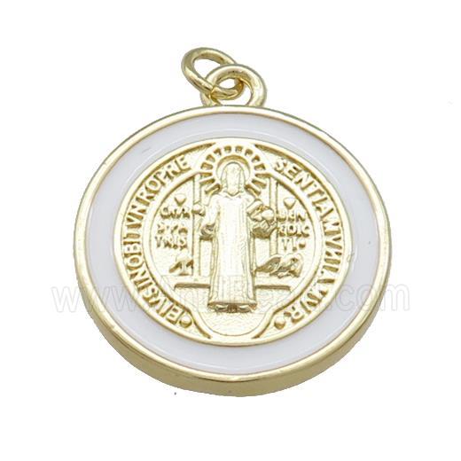 Copper Jesus Pendant Religious Medal Charms White Enamel Circle Gold Plated
