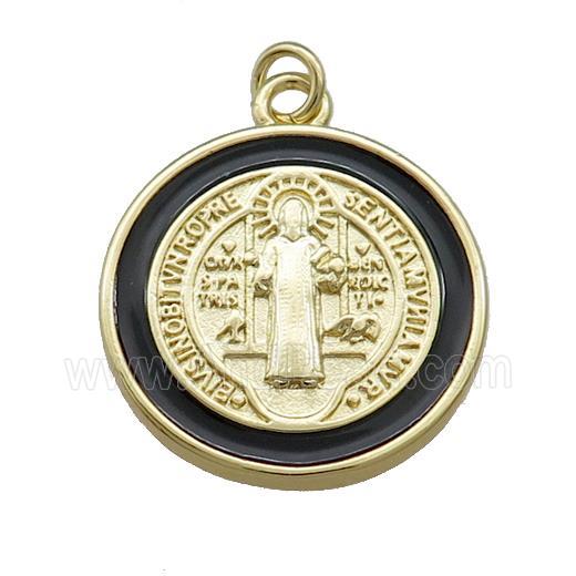 Copper Jesus Pendant Religious Medal Charms Black Enamel Circle Gold Plated