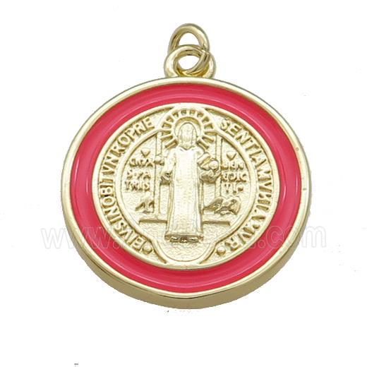 Copper Jesus Pendant Religious Medal Charms Red Enamel Circle Gold Plated
