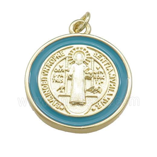 Copper Jesus Pendant Religious Medal Charms Green Enamel Circle Gold Plated