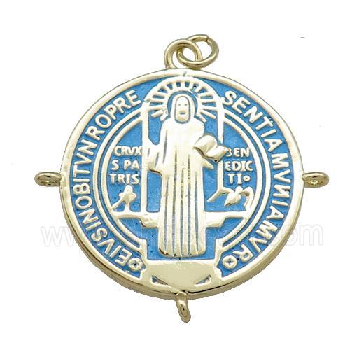 Copper Jesus Pendant Religious Medal Charms Blue Painted Circle Gold Plated