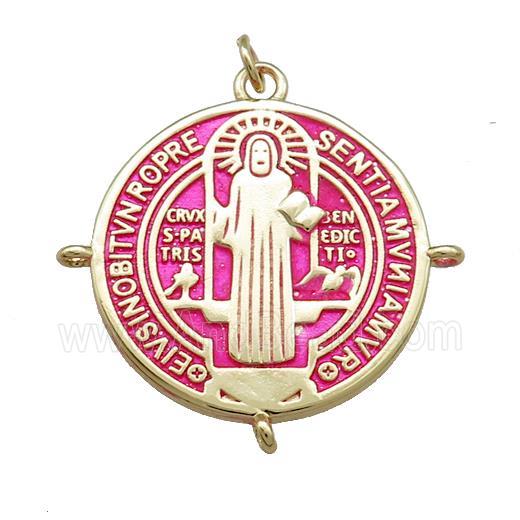 Copper Jesus Pendant Religious Medal Charms Pink Painted Circle Gold Plated
