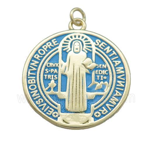 Copper Jesus Pendant Religious Medal Charms Blue Painted Circle Gold Plated