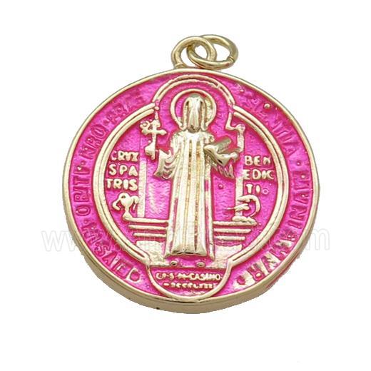 Copper Jesus Pendant Religious Medal Charms HotPink Painted Circle Gold Plated
