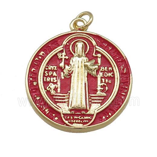 Copper Jesus Pendant Religious Medal Charms Red Painted Circle Gold Plated