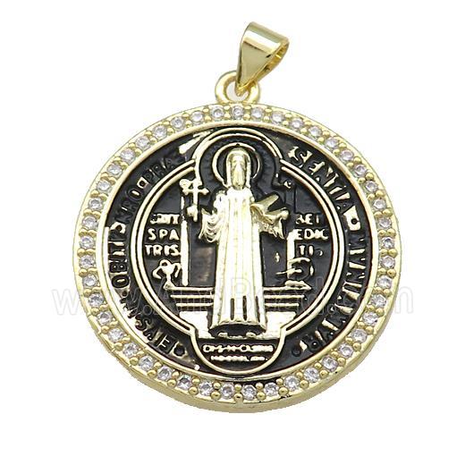 Copper Jesus Pendant Pave Zircon Religious Medal Charms Black Painted Circle Gold Plated
