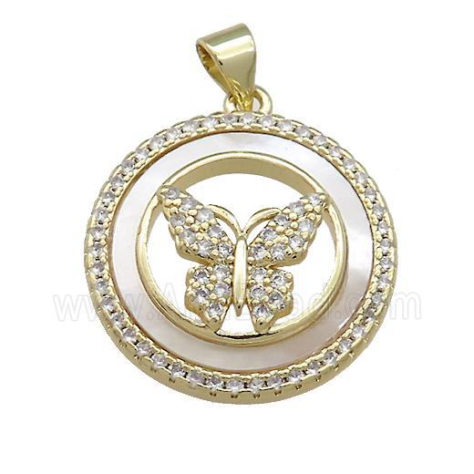 Copper Circle Pendant Pave Shell Zircon Butterfly 18K Gold Plated