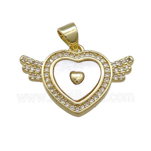 Copper Heart Pendant Pave Shell Zircon Angel Wings 18K Gold Plated