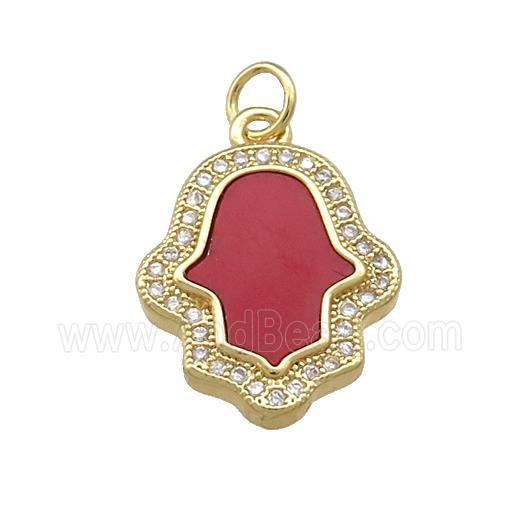 Copper Hamsahand Pendant Pave Red Shell Zircon 18K Gold Plated