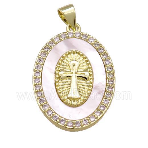 Copper Oval Pendant Pave Shell Zircon Cross Medal Charms 18K Gold Plated