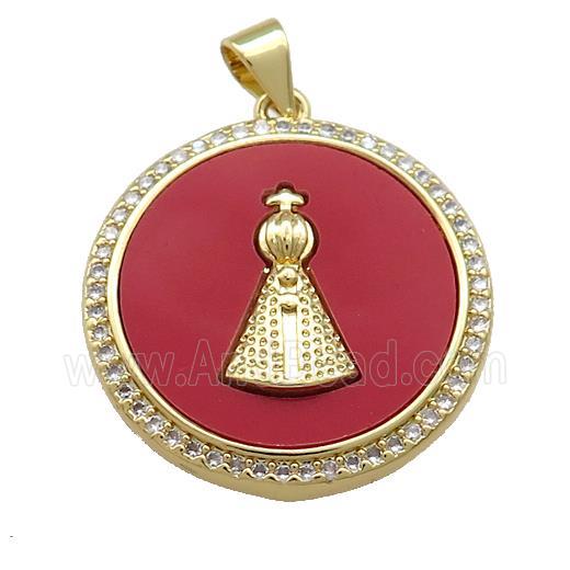 Copper Circle Pendant Pave Red Shell Zircon Pope Charms 18K Gold Plated