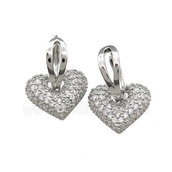 Copper Hoop Earrings Heart Pave Zircon Platinum Plated
