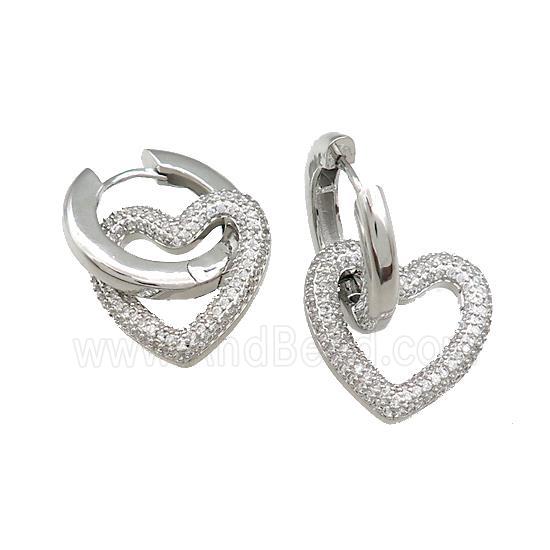Copper Hoop Earrings Heart Pave Zircon Platinum Plated