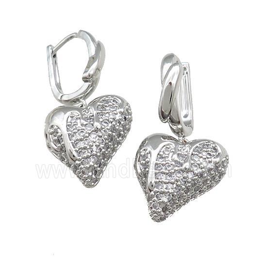 Copper Latchback Earrings Heart Pave Zircon Platinum Plated