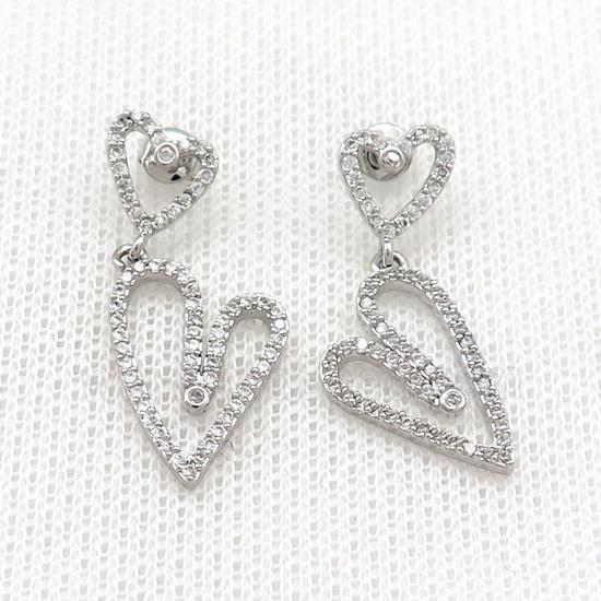 Copper Stud Earrings Heart Pave Zircon Platinum Plated